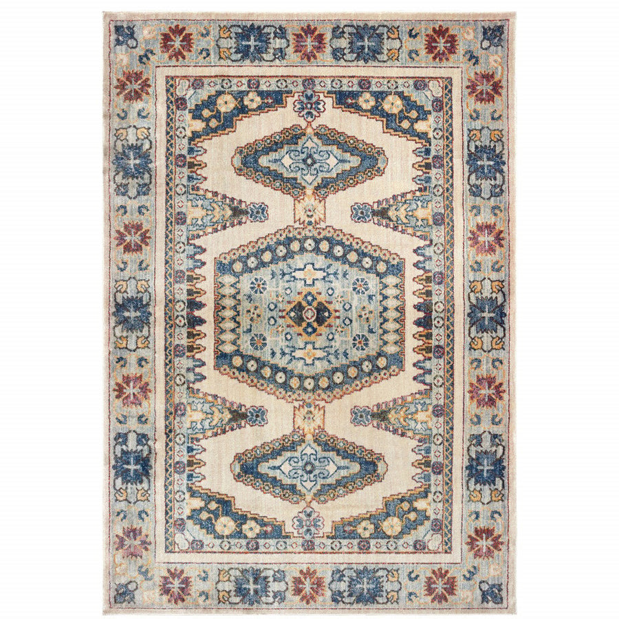 10 X 13 Ivory And Blue Oriental Power Loom Stain Resistant Area Rug Image 1