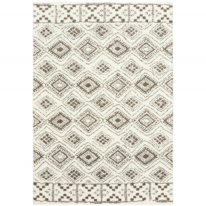 10 X 13 Ivory And Brown Geometric Shag Power Loom Stain Resistant Area Rug Image 1