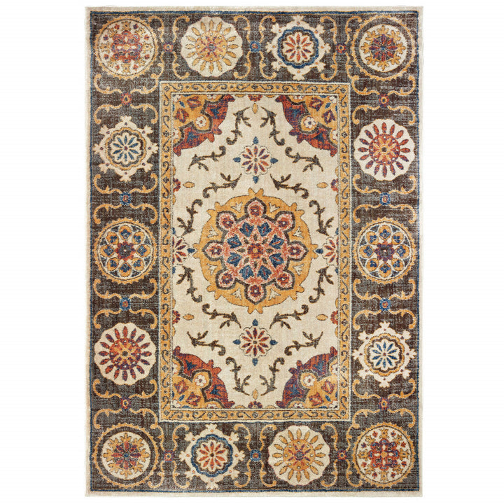 10 X 13 Ivory And Brown Oriental Power Loom Stain Resistant Area Rug Image 1