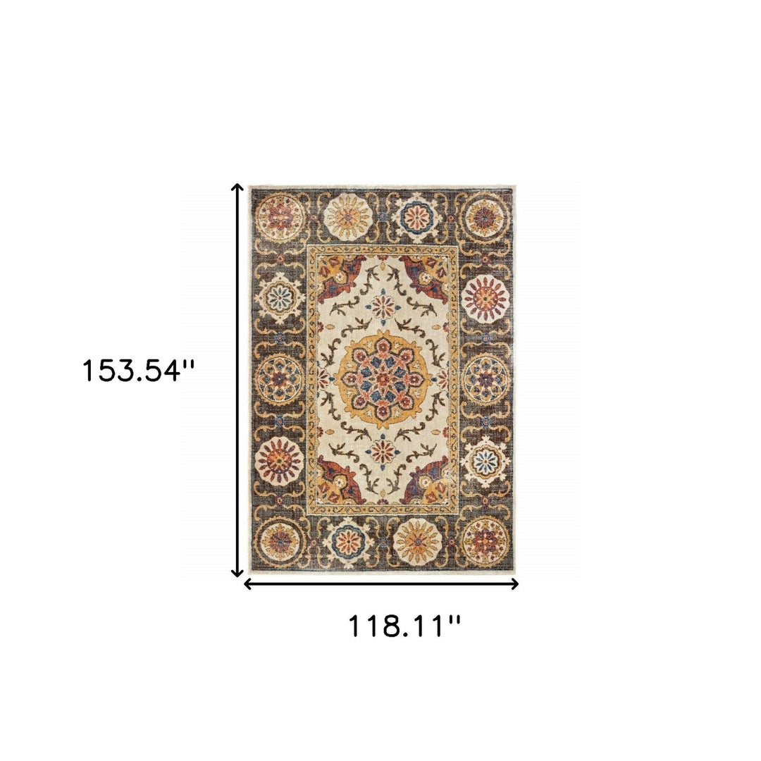 10 X 13 Ivory And Brown Oriental Power Loom Stain Resistant Area Rug Image 5