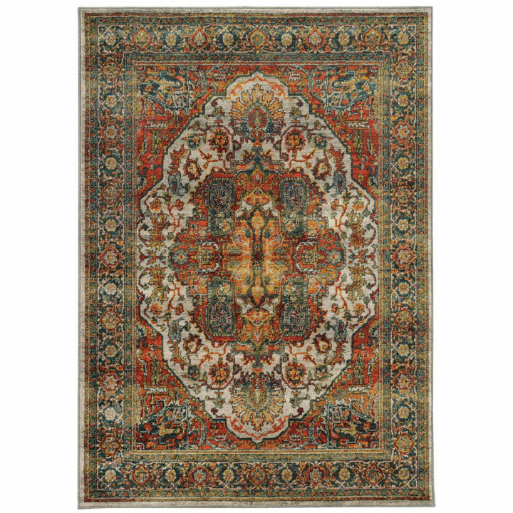 10 X 13 Red Gold Orange Green Ivory Rust And Blue Oriental Power Loom Stain Resistant Area Rug Image 1