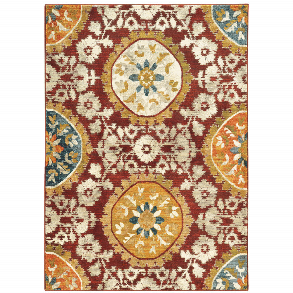 10 X 13 Red Gold Teal Grey Ivory And Blue Oriental Power Loom Stain Resistant Area Rug Image 1