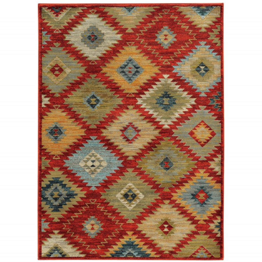 10 X 13 Red Green Gold Blue Teal And Ivory Geometric Power Loom Stain Resistant Area Rug Image 1