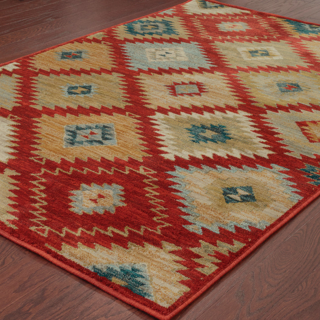 10 X 13 Red Green Gold Blue Teal And Ivory Geometric Power Loom Stain Resistant Area Rug Image 3