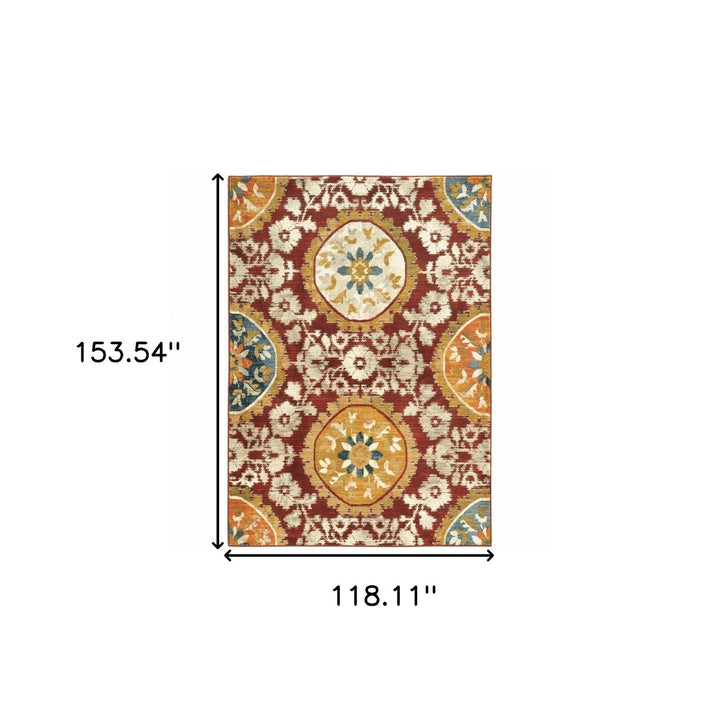 10 X 13 Red Gold Teal Grey Ivory And Blue Oriental Power Loom Stain Resistant Area Rug Image 5