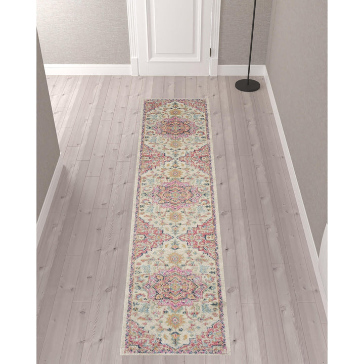 10 Pink and Ivory Oriental Power Loom Runner Rug Image 1