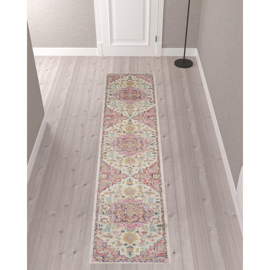 10 Pink and Ivory Oriental Power Loom Runner Rug Image 1