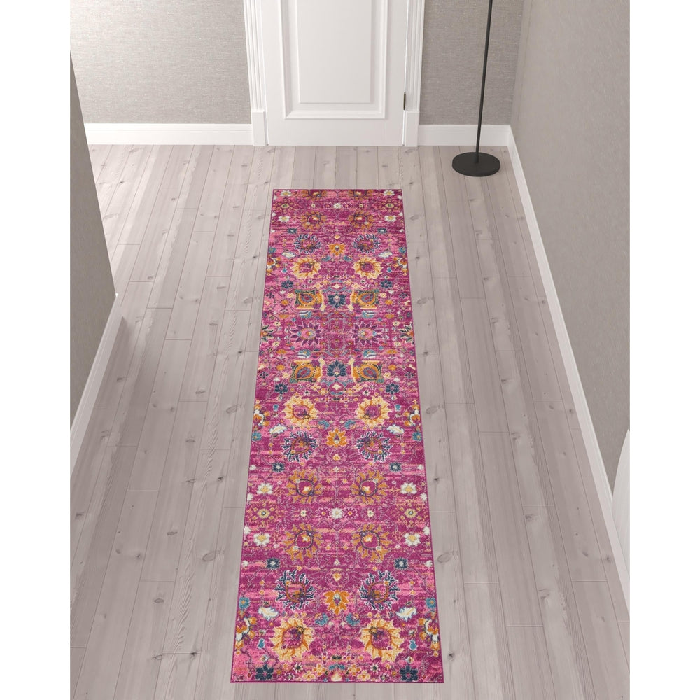 10 Pink Floral Power Loom Runner Rug Image 2