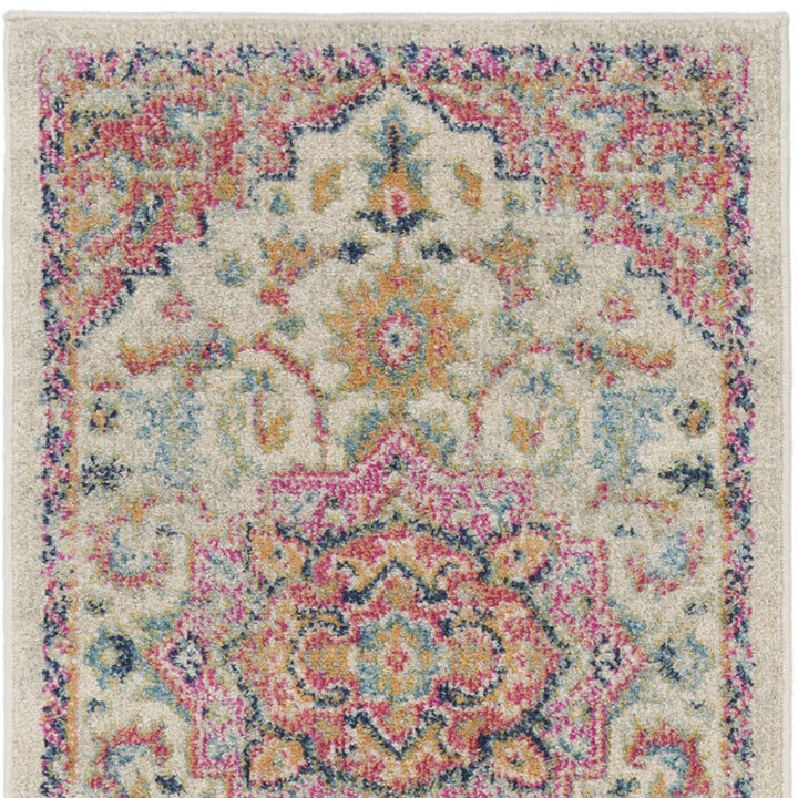 10 Pink and Ivory Oriental Power Loom Runner Rug Image 4