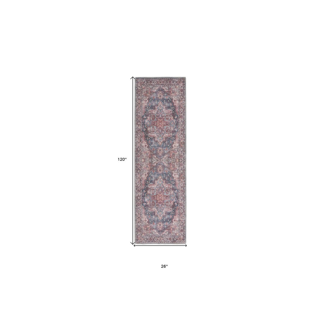 10 Red Floral Power Loom Distressed Washable Runner Rug Image 7