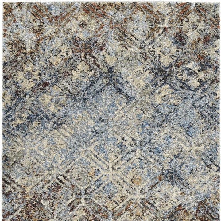 10 X 13 Brown Light Blue And Gray Distressed Diamond Area Rug Image 4