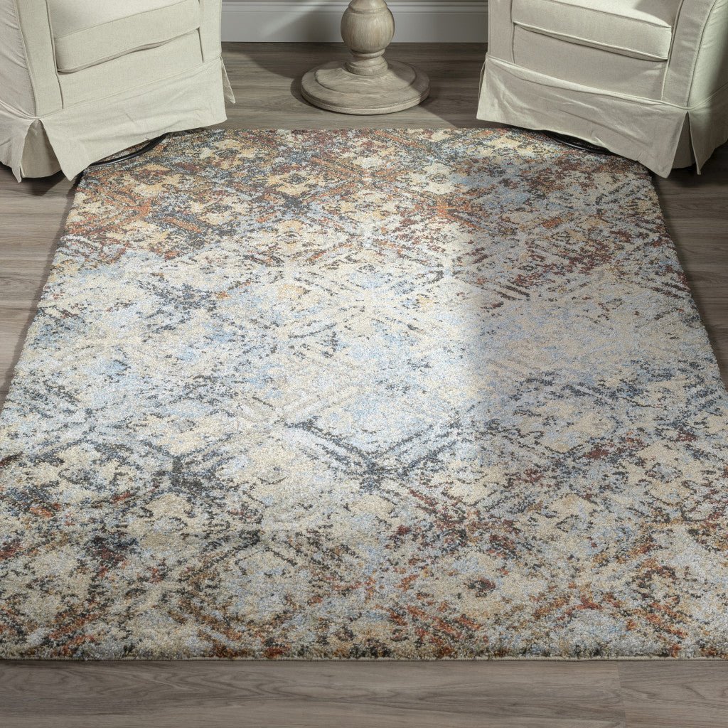 10 X 13 Brown Light Blue And Gray Distressed Diamond Area Rug Image 10