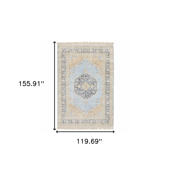 10 X 13 Blue And Beige Oriental Hand Loomed Stain Resistant Area Rug With Fringe Image 5