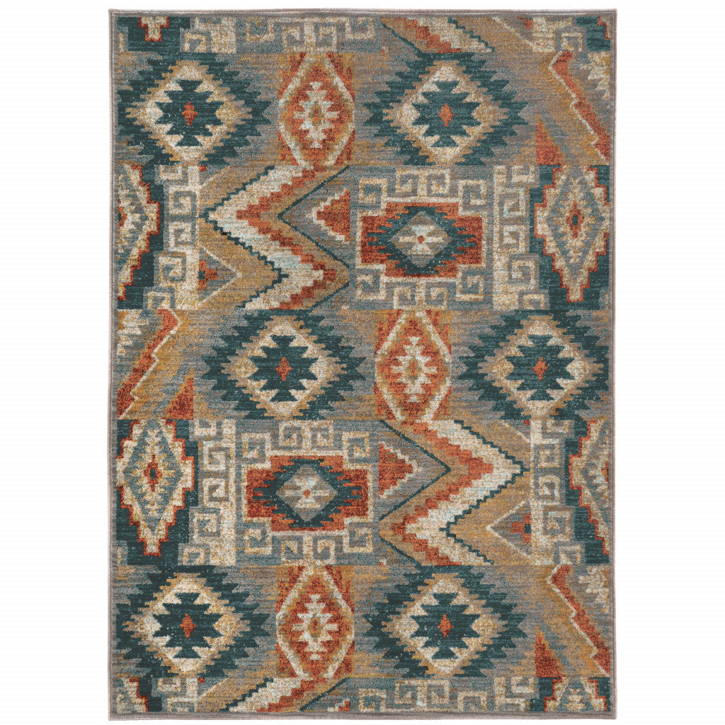 10 X 13 Blue Teal Grey Orange Gold Ivory And Rust Geometric Power Loom Stain Resistant Area Rug Image 1