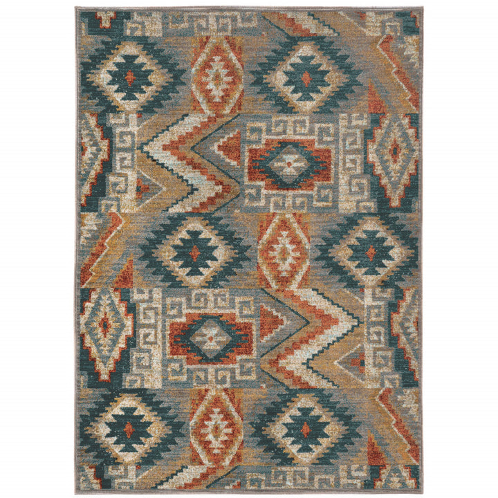 10 X 13 Blue Teal Grey Orange Gold Ivory And Rust Geometric Power Loom Stain Resistant Area Rug Image 1