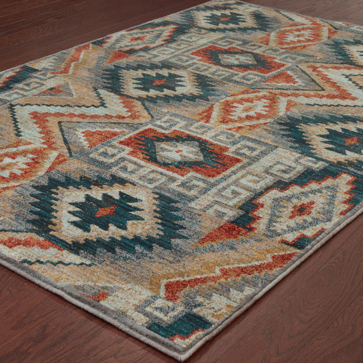 10 X 13 Blue Teal Grey Orange Gold Ivory And Rust Geometric Power Loom Stain Resistant Area Rug Image 4