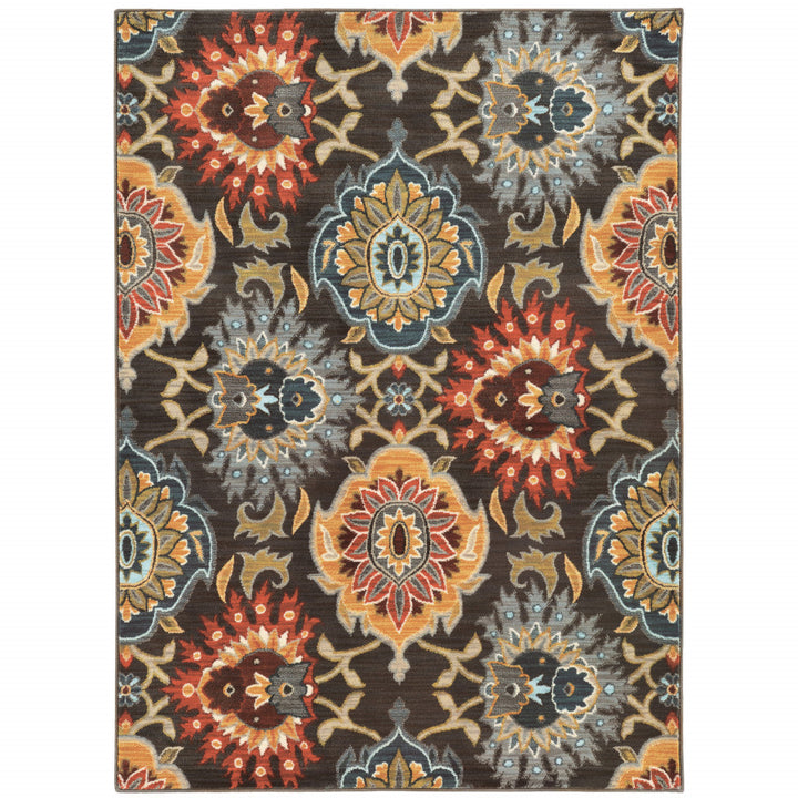 10 X 13 Brown Grey Rust Red Gold Teal And Blue Green Floral Power Loom Stain Resistant Area Rug Image 1