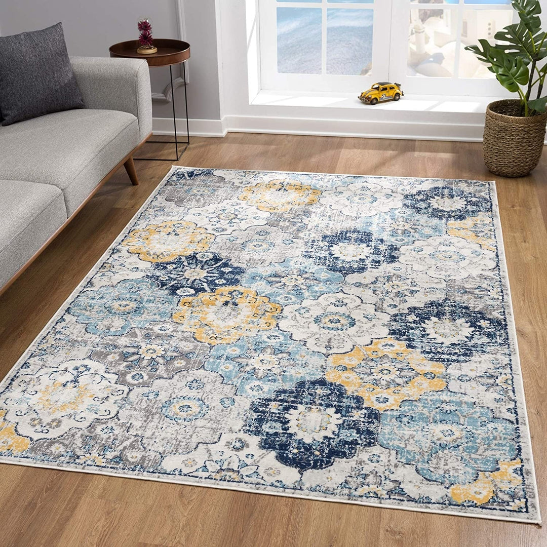 15 Runner Blue and Yellow Floral Runner Rug Image 3