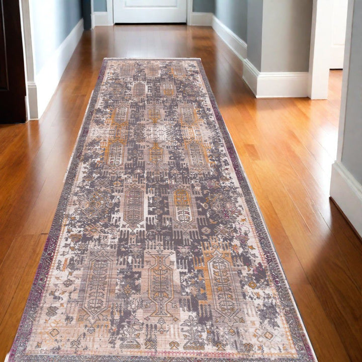 10 Runner Gray and Ivory Oriental Power Loom Runner Rug Image 1