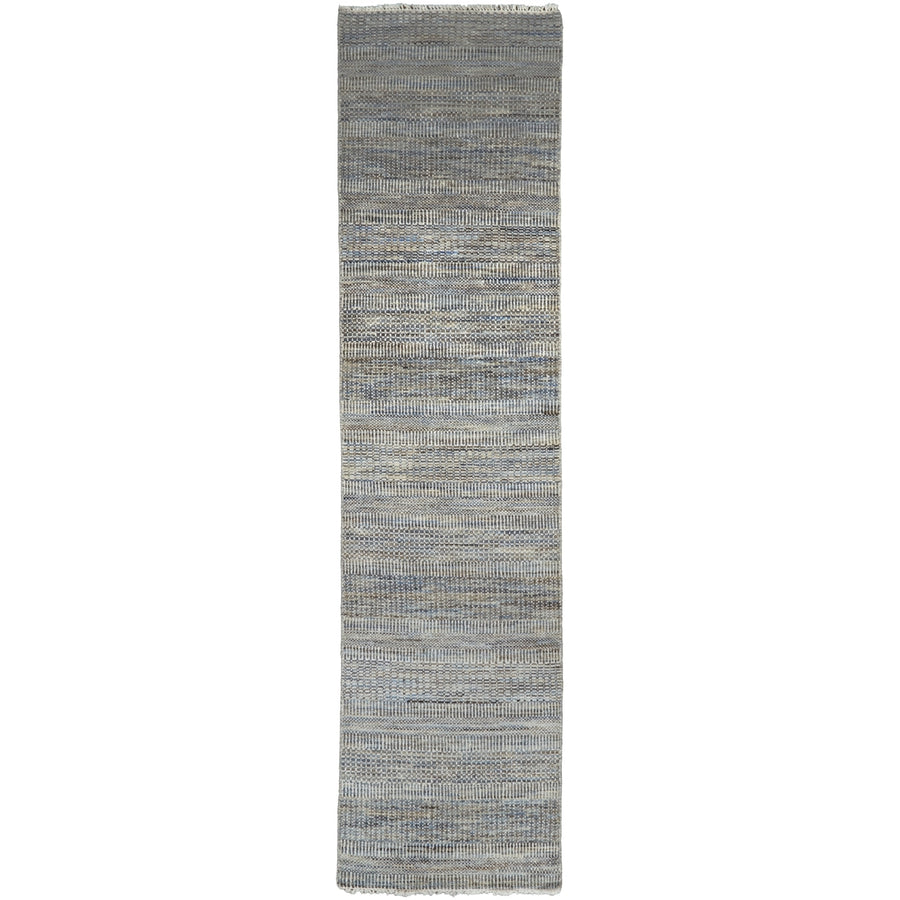 10 Silver Wool Striped Hand Knotted Runner Rug Image 1