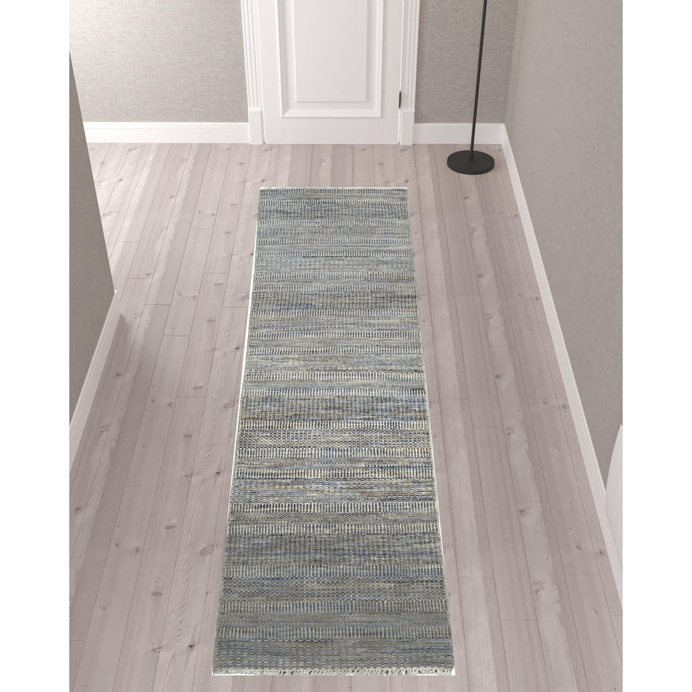 10 Silver Wool Striped Hand Knotted Runner Rug Image 2