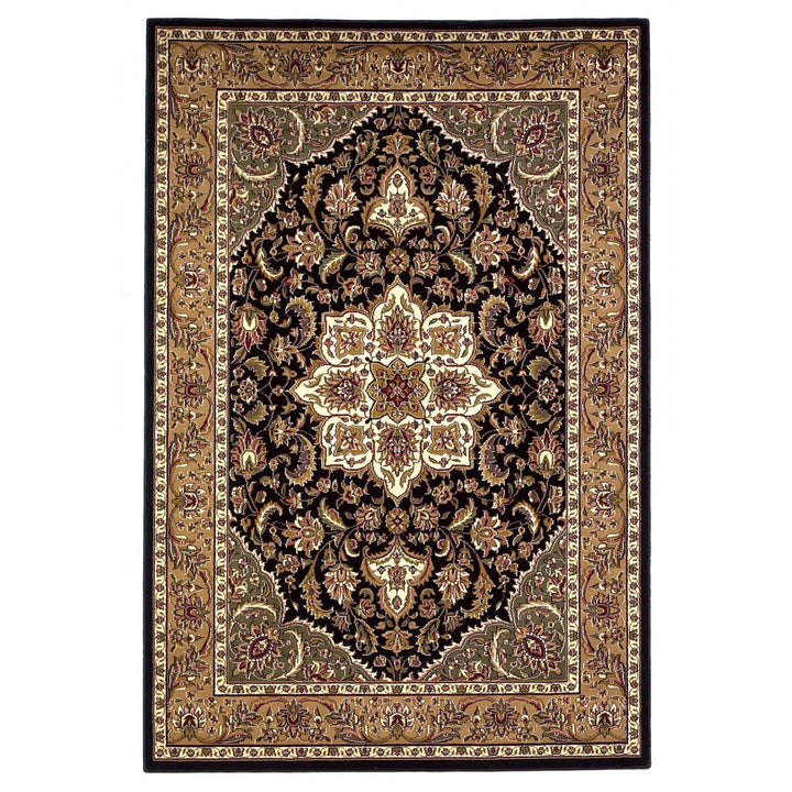 10X13 Black Beige Machine Woven Floral Medallion Indoor Area Rug Image 1