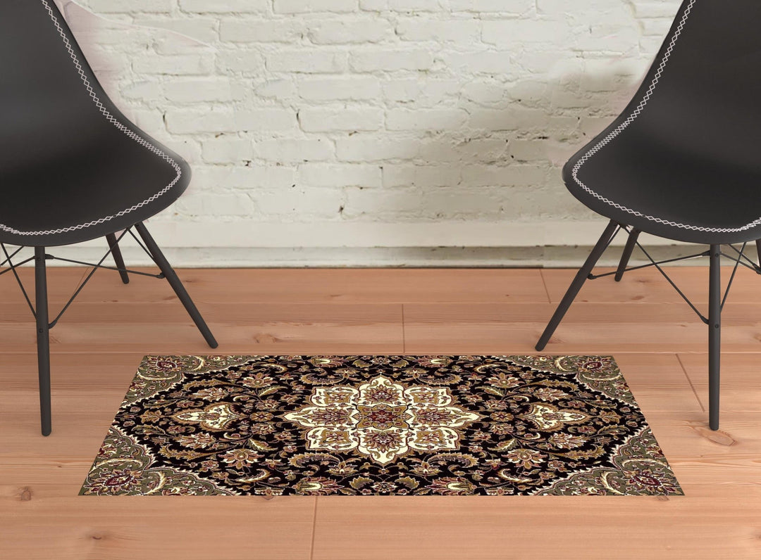 10X13 Black Beige Machine Woven Floral Medallion Indoor Area Rug Image 6