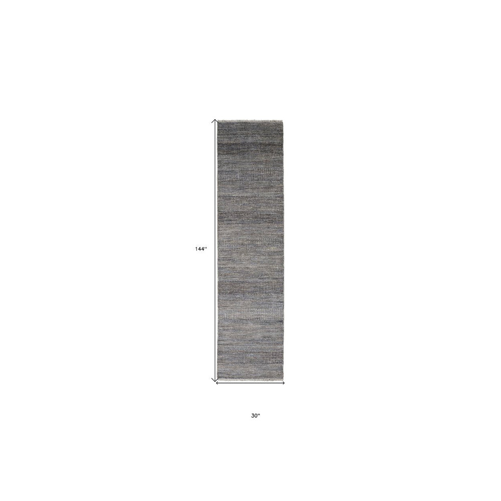 12 Gray Wool Striped Hand Knotted Runner Rug Image 2