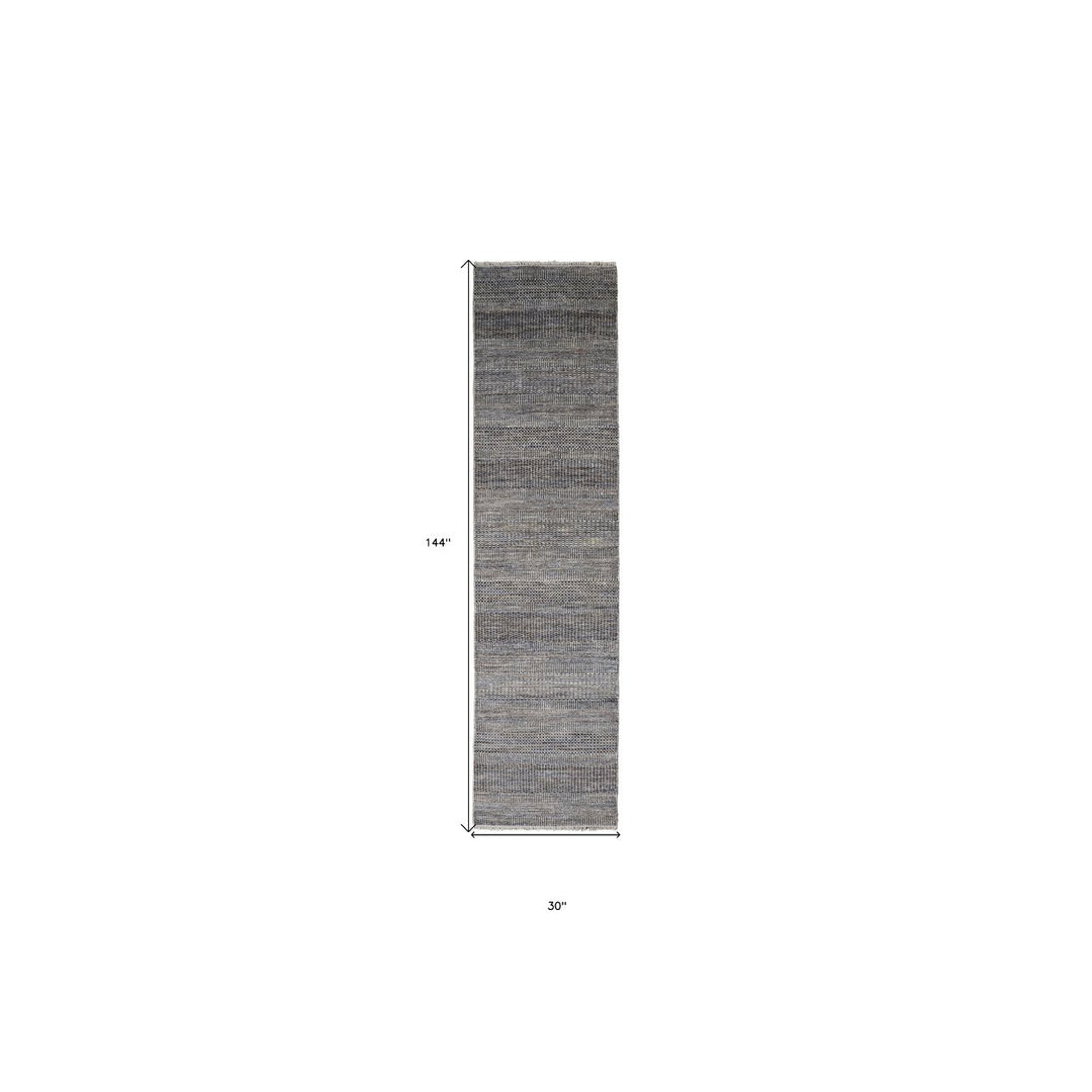 12 Gray Wool Striped Hand Knotted Runner Rug Image 2