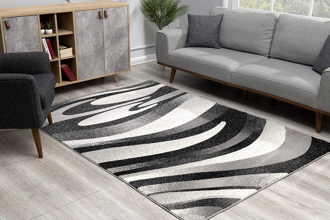 10 Black Gray and White Marble Power Loom Runner Rug Image 2