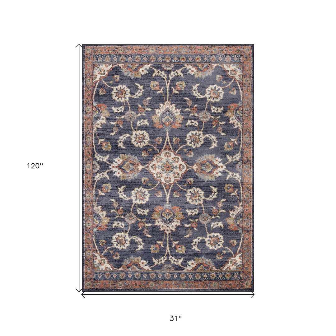 8 x 10 Navy Blue Floral Power Loom Area Rug With Fringe Image 8