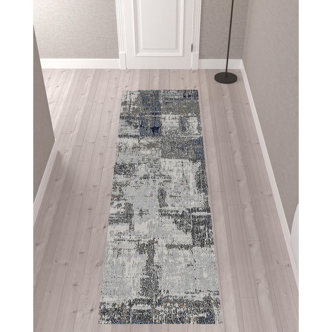 10 Gray and Blue Abstract Power Loom Runner Rug Image 5