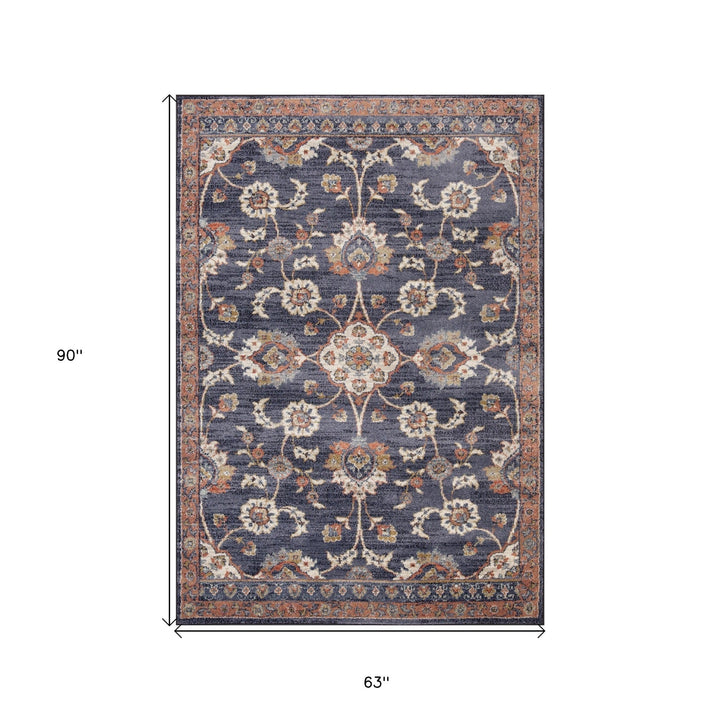 8 x 10 Navy Blue Floral Power Loom Area Rug With Fringe Image 9