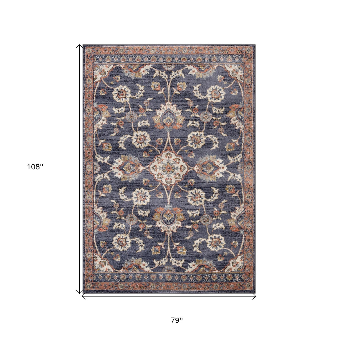 8 x 10 Navy Blue Floral Power Loom Area Rug With Fringe Image 10