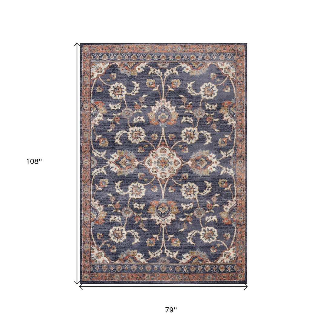 8 x 10 Navy Blue Floral Power Loom Area Rug With Fringe Image 1