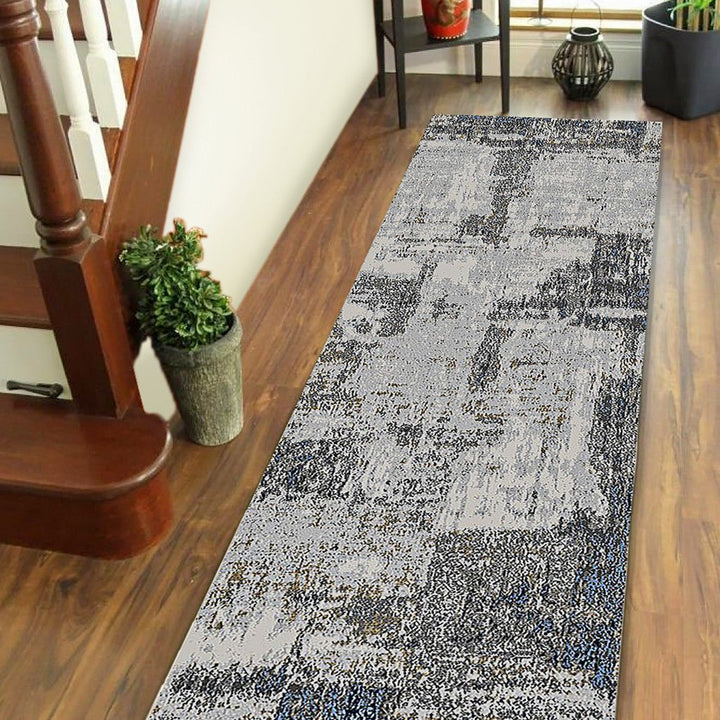 10 Gray and Blue Abstract Power Loom Runner Rug Image 8