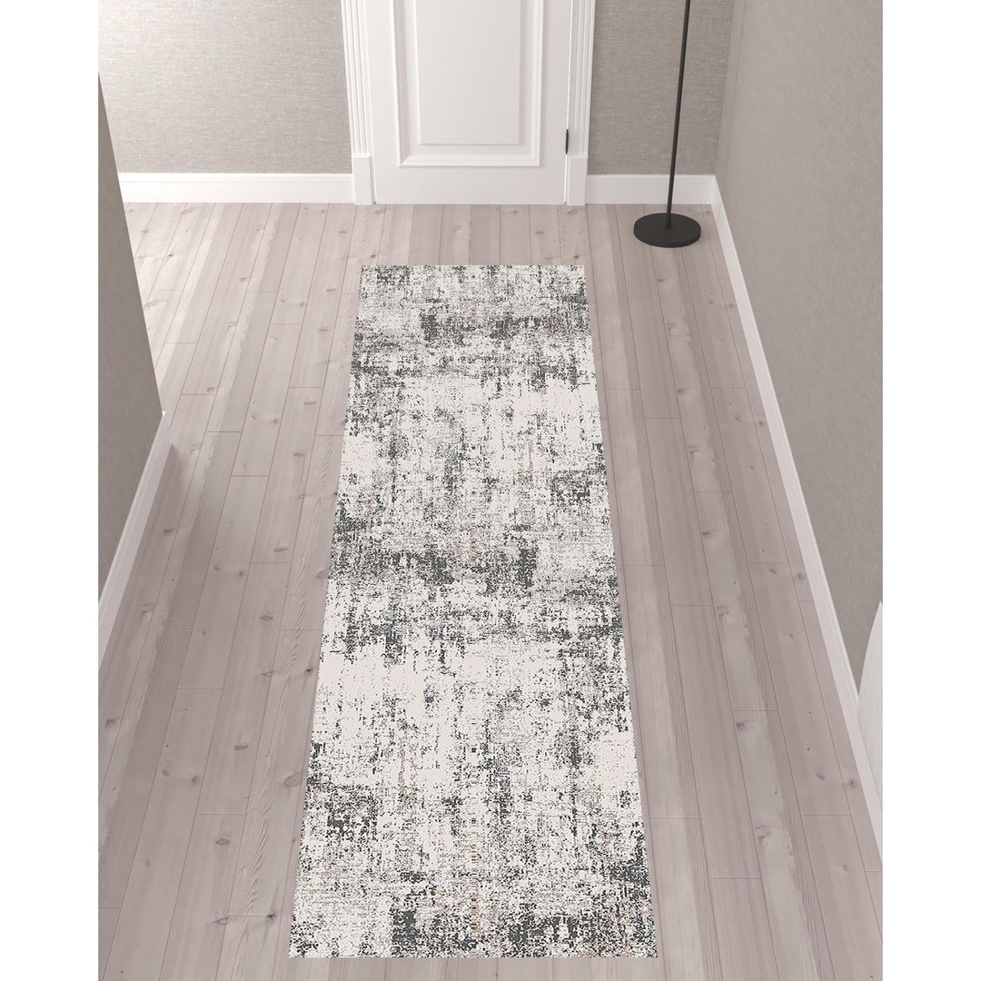 10 Gray and Ivory Abstract Power Loom Runner Rug Image 4