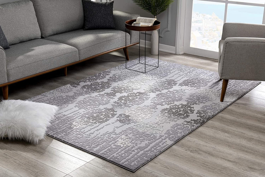 6 X 9 Gray Damask Power Loom Area Rug Image 5