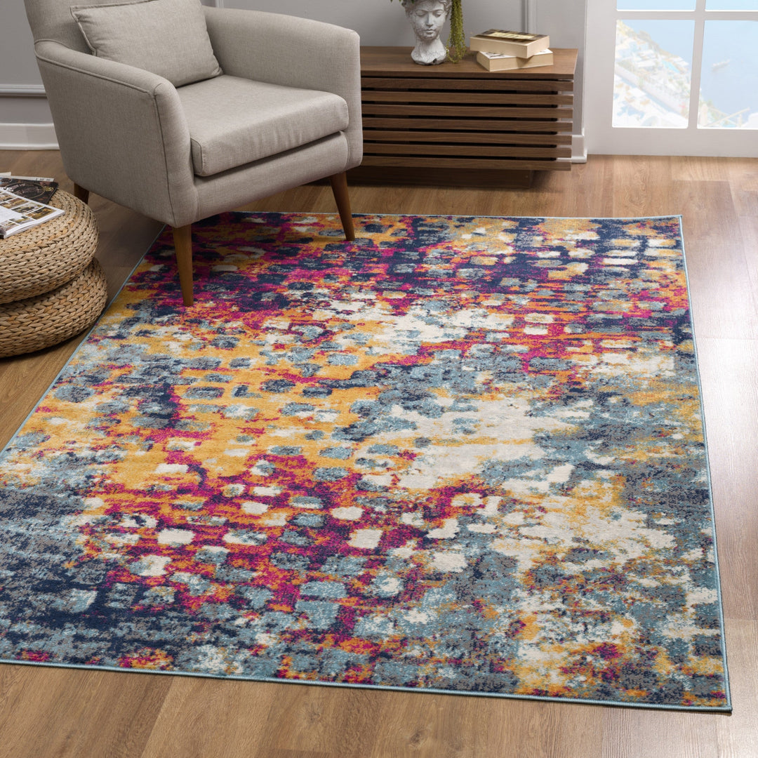 4 x 6 Teal and Gold Abstract Washable Area Rug Image 4