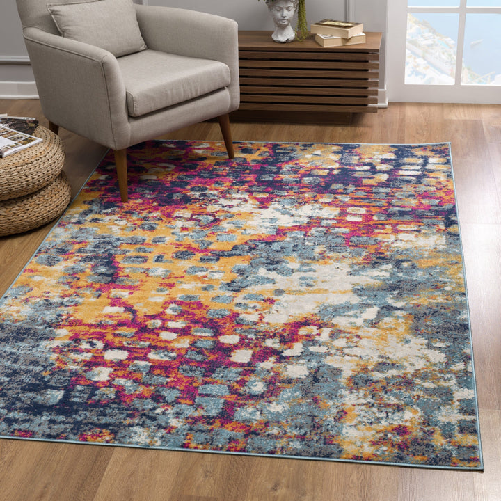 4 x 6 Teal and Gold Abstract Washable Area Rug Image 4