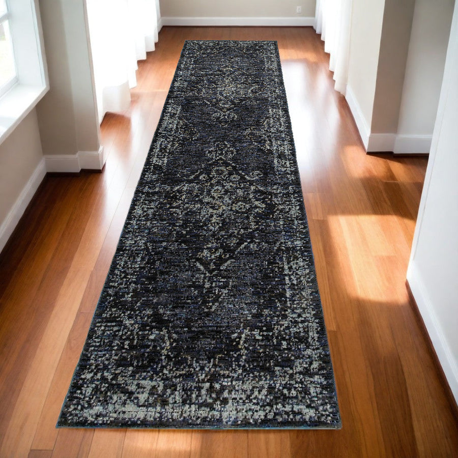 12 Runner Blue and Brown Oriental Power Loom Runner Rug Image 1