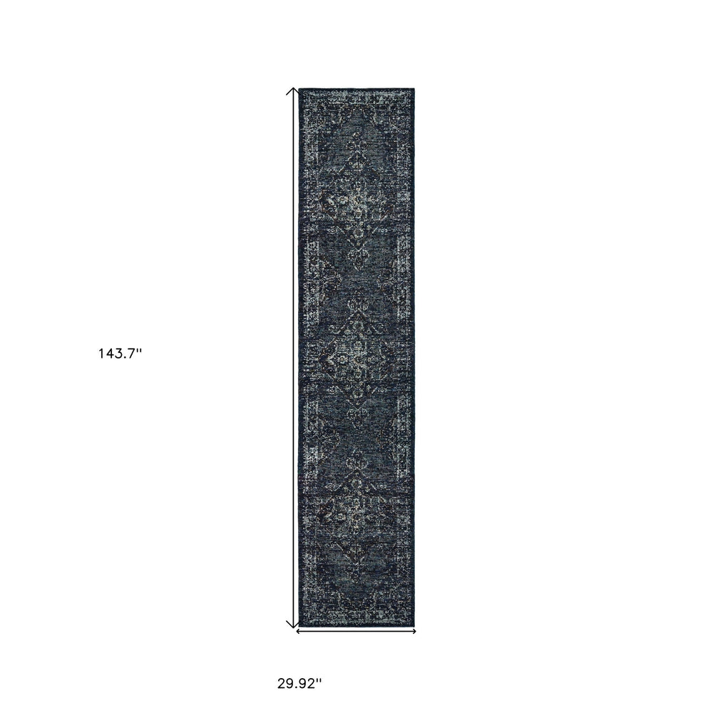 12 Runner Blue and Brown Oriental Power Loom Runner Rug Image 2