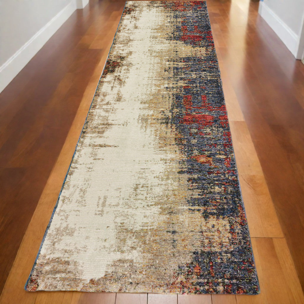 12 Runner Blue and Ivory Abstract Power Loom Runner Rug Image 1