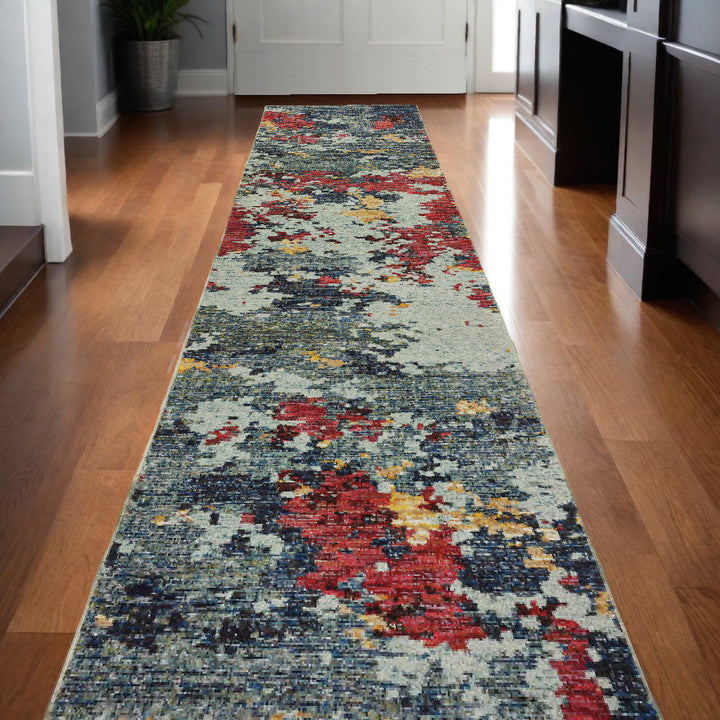 12 Runner Blue and Red Abstract Power Loom Runner Rug Image 1