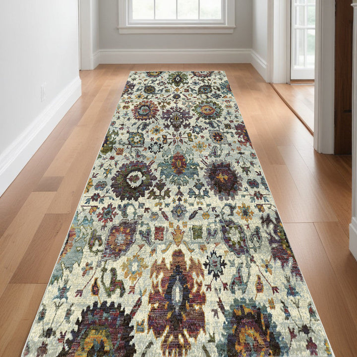 12 Runner Green and Ivory Oriental Power Loom Runner Rug Image 1