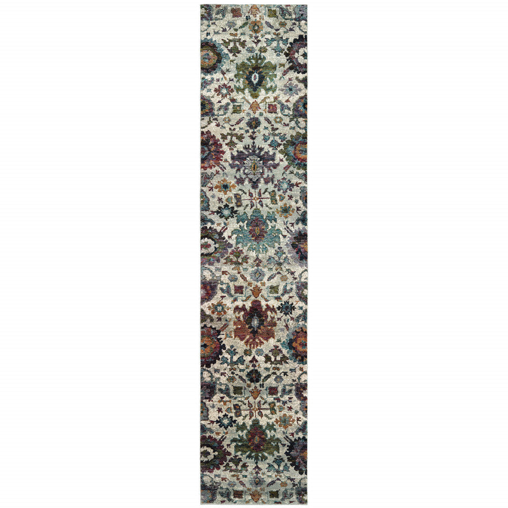 12 Runner Green and Ivory Oriental Power Loom Runner Rug Image 2