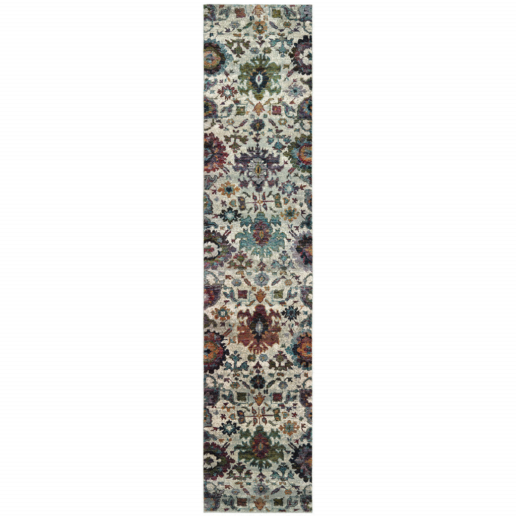 12 Runner Green and Ivory Oriental Power Loom Runner Rug Image 2