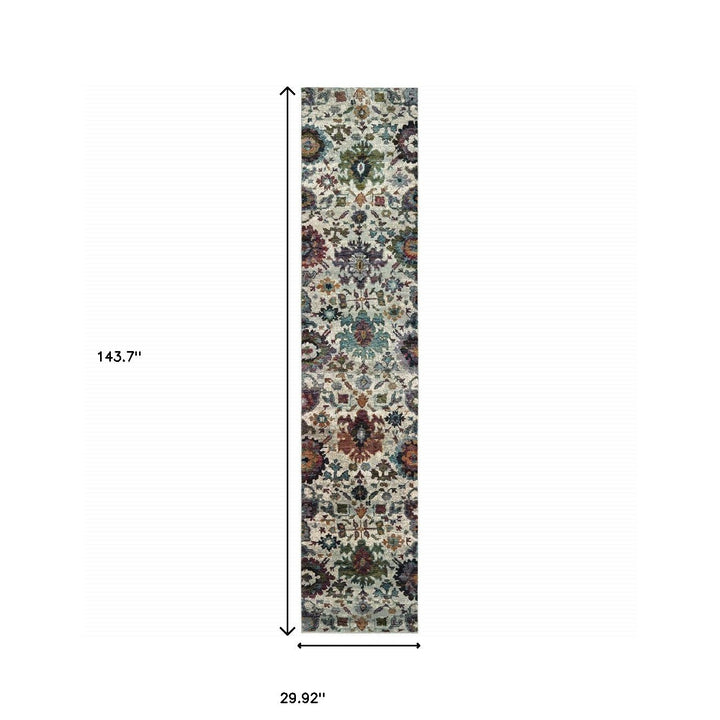 12 Runner Green and Ivory Oriental Power Loom Runner Rug Image 3