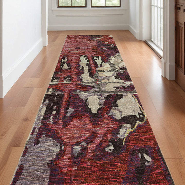 12 Runner Red and Beige Abstract Power Loom Runner Rug Image 1