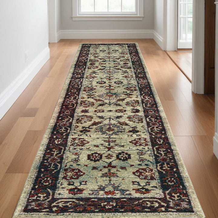 12 Runner Stone and Red Oriental Power Loom Runner Rug Image 1